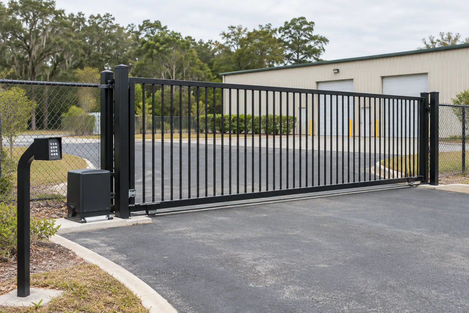 Automatic sliding gate and access keypad at a local commercial property