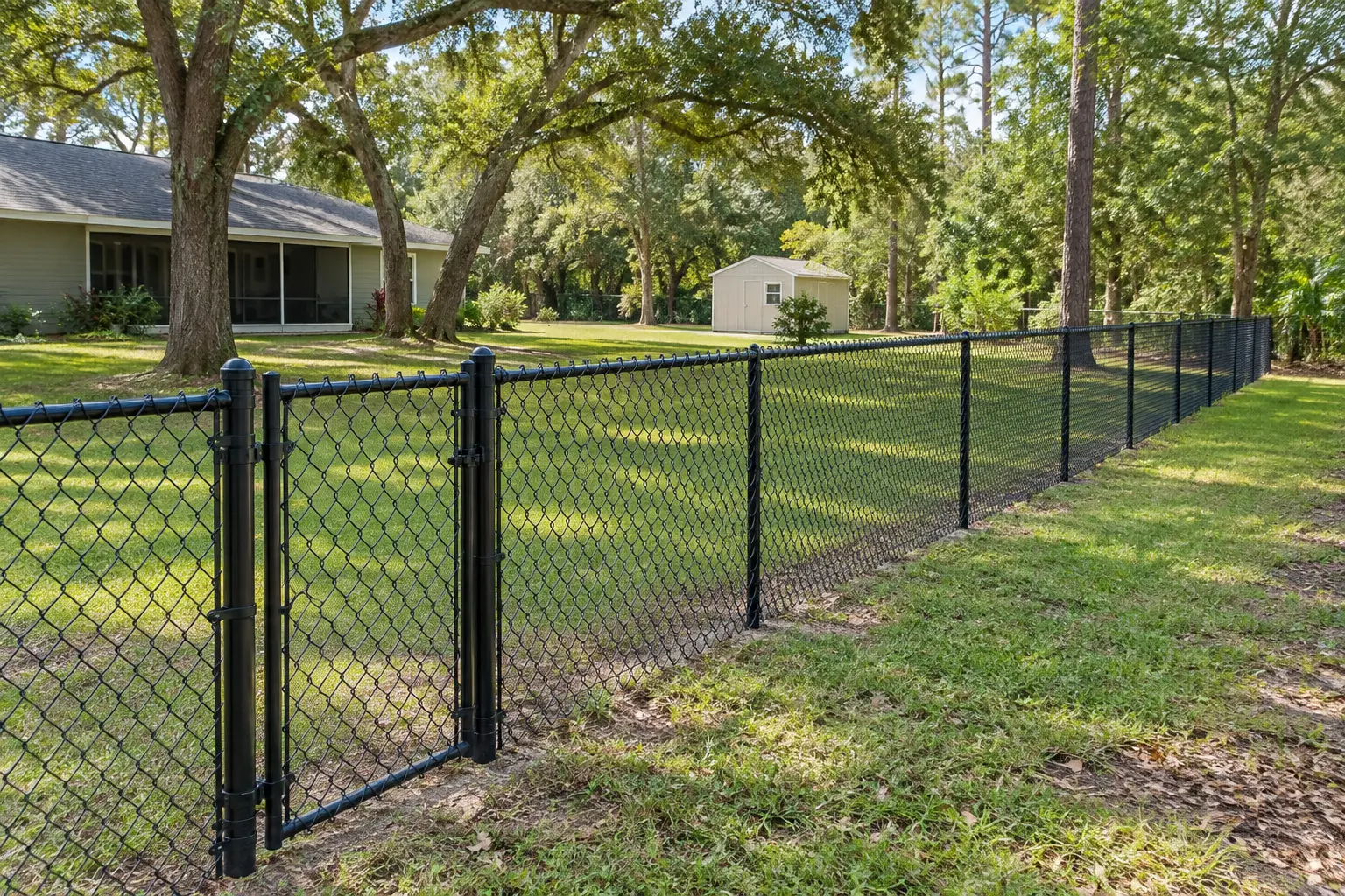 Black chain link fence enclosing a large local yard