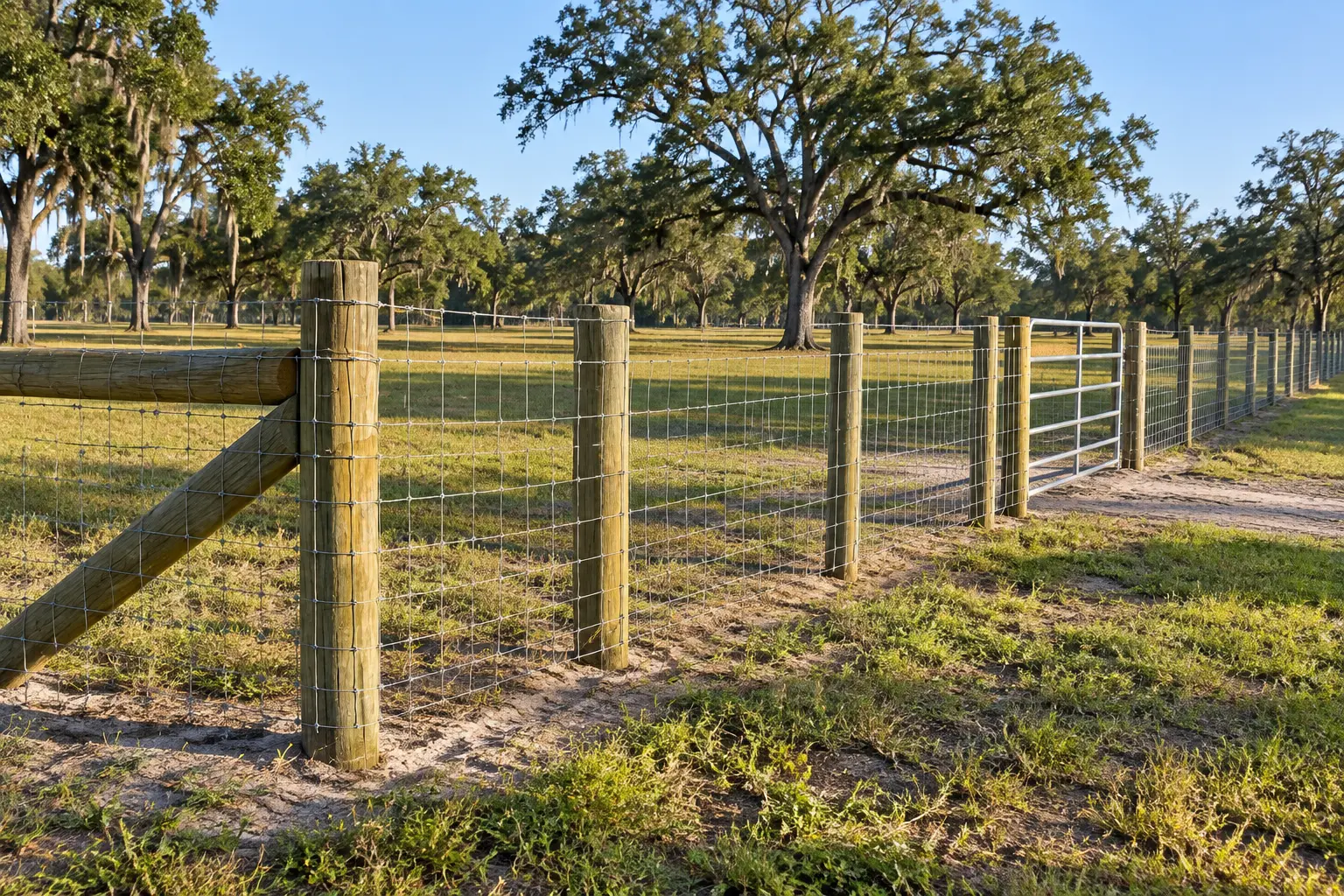 Woven wire field fence with sturdy wood posts across local acreage