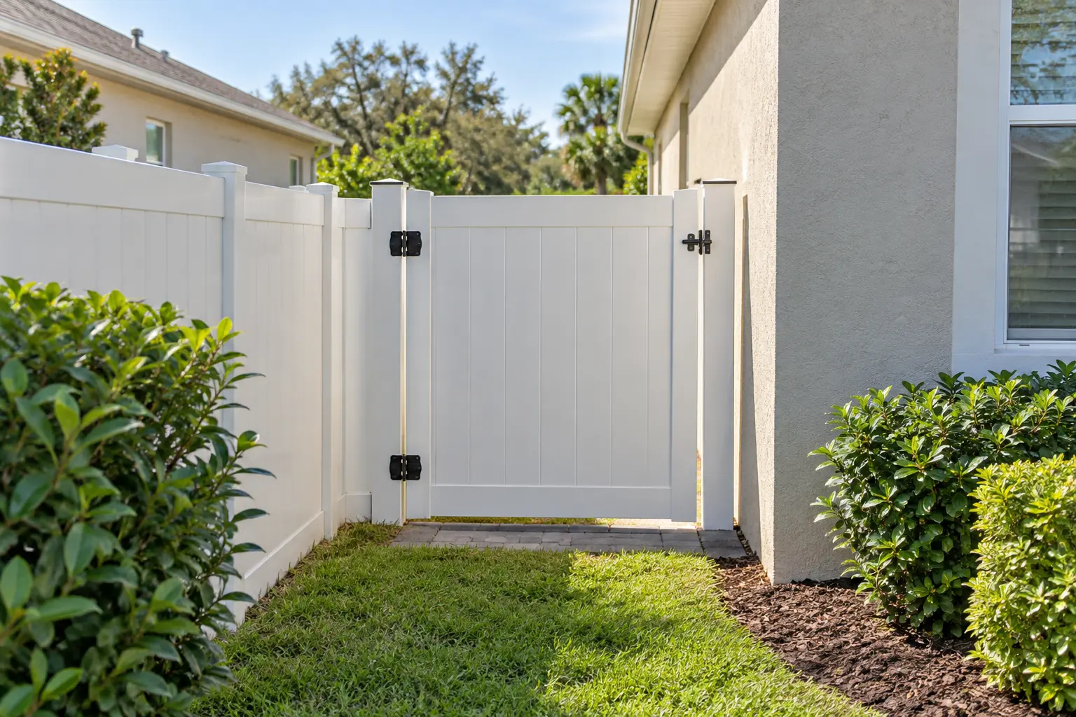 White vinyl privacy fence with a matching backyard gate