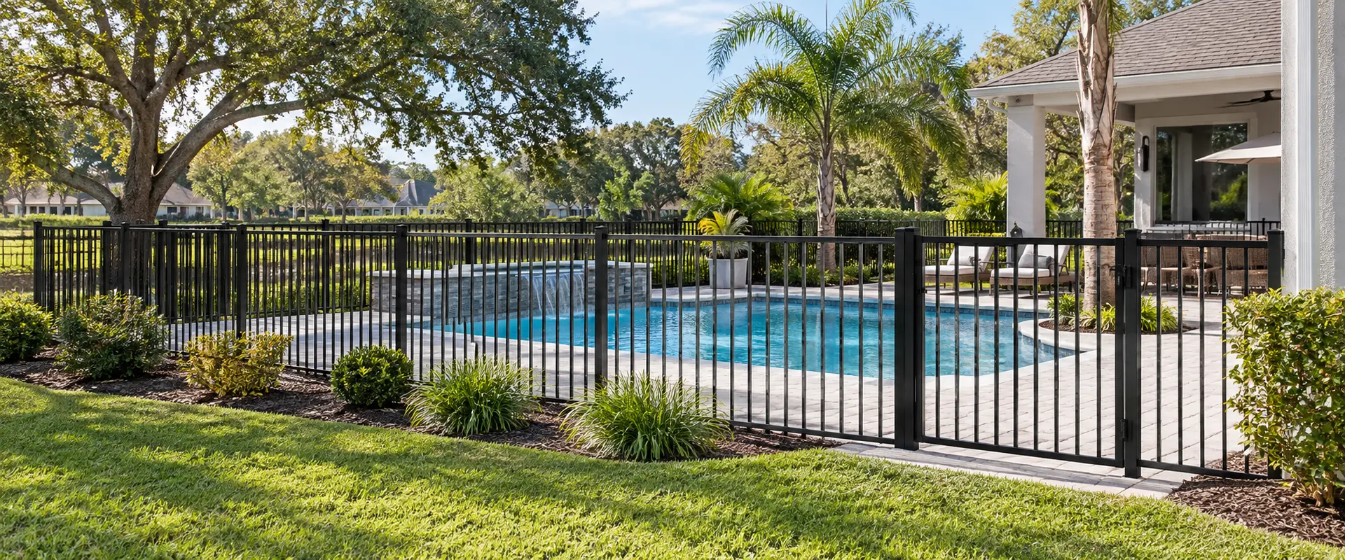 Black aluminum fence installed around a local residential property