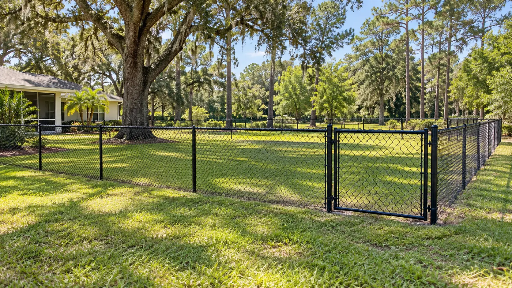 Black chain link fence around a green Brooksville area yard