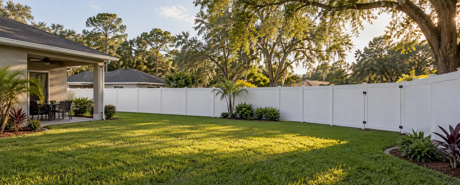 White vinyl privacy fence around a Brooksville area backyard